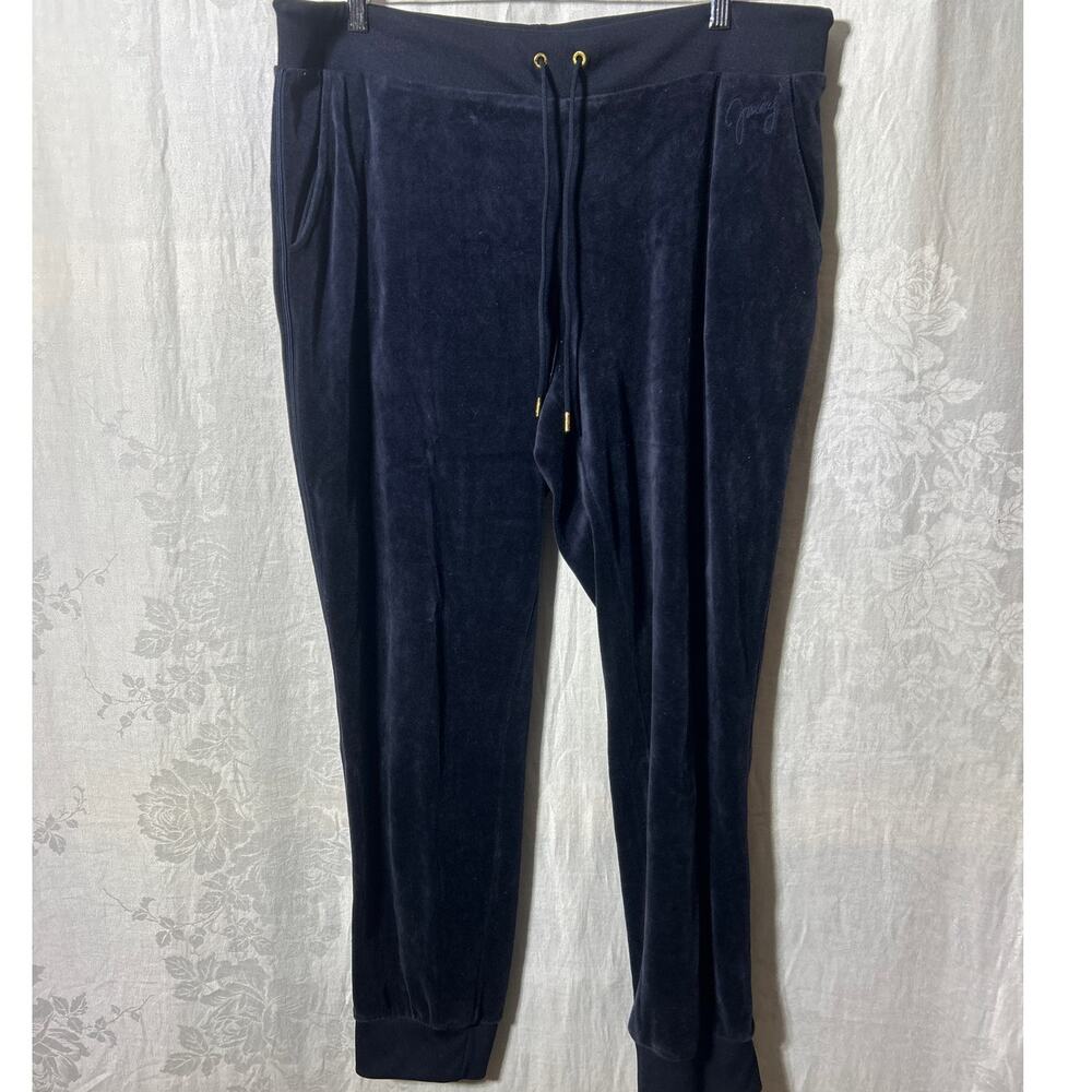 Juicy Couture Velour Pants XL Navy Blue Track Joggers Drawstring Y2K Elastic Cuf - Picture 1 of 13